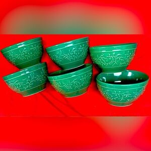 HOLIDAY HOME- set of 6- Green embossed Holly bowls